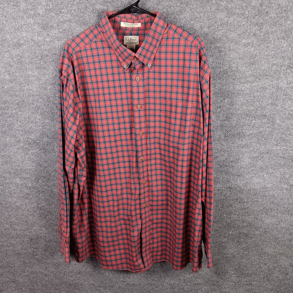 L.L. Bean Men XXL Red Plaid Wrinkle Resistant Traditional Fit Button Down Shirt